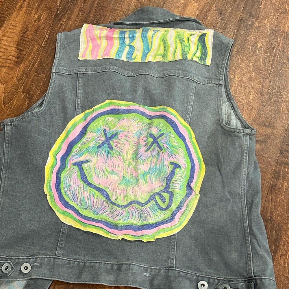 NWT UpCycled Nirvana Graphic Denim vest size Small